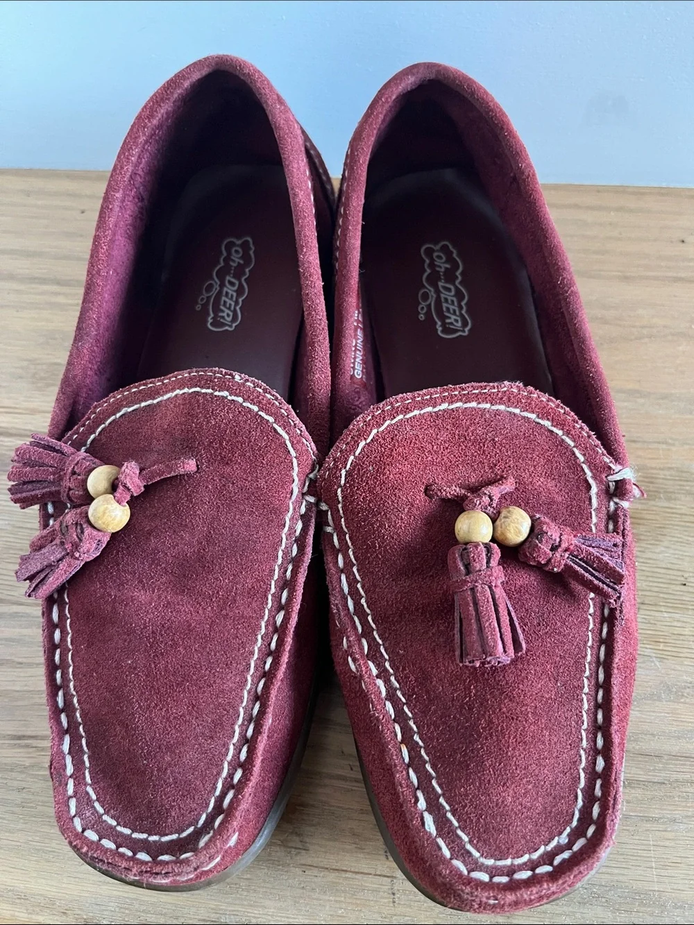 Oh Deer! Kids Burgundy Suede Tassel Loafers with Wooden Beads